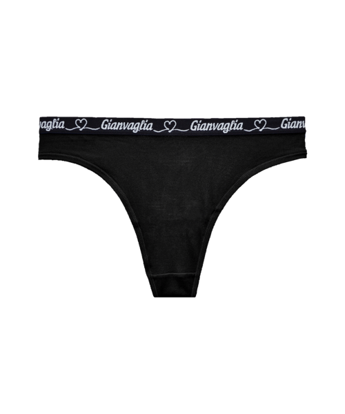 zwarte katoenen dames string met witte tekst van Gianvaglia