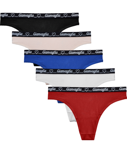 katoenen dames string met zwarte rand met tekst 5 verschillende kleuren Gianvaglia de luxe